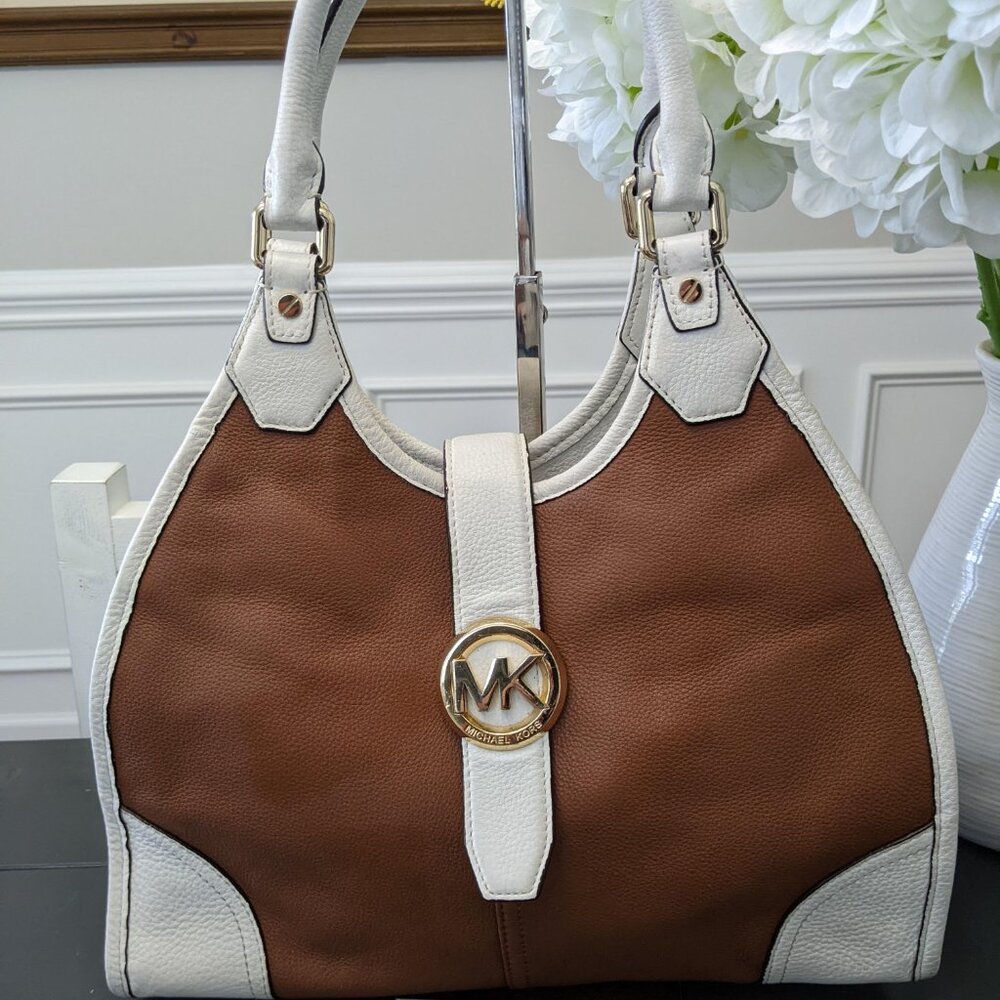 Michael Kors Hudson White Brown Leather Large MK Logo Shoulder Tote Bag Purse